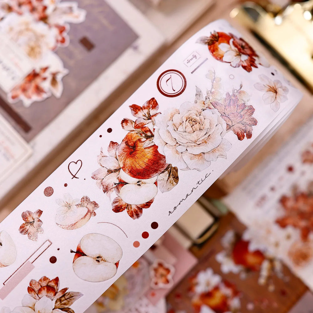 Red-Brown Peony & Apple Washi & PET Tape for Journaling