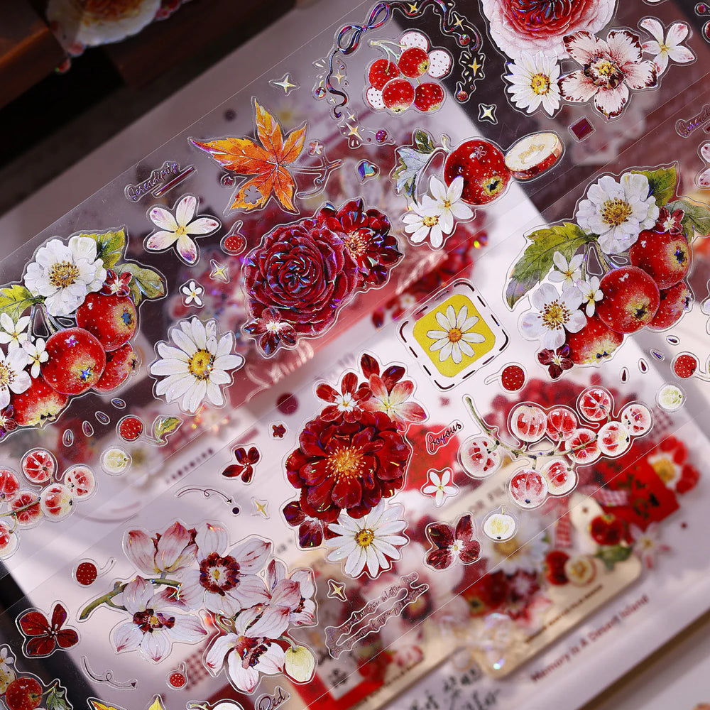 Ruban washi et PET découpé à motifs floraux rouges