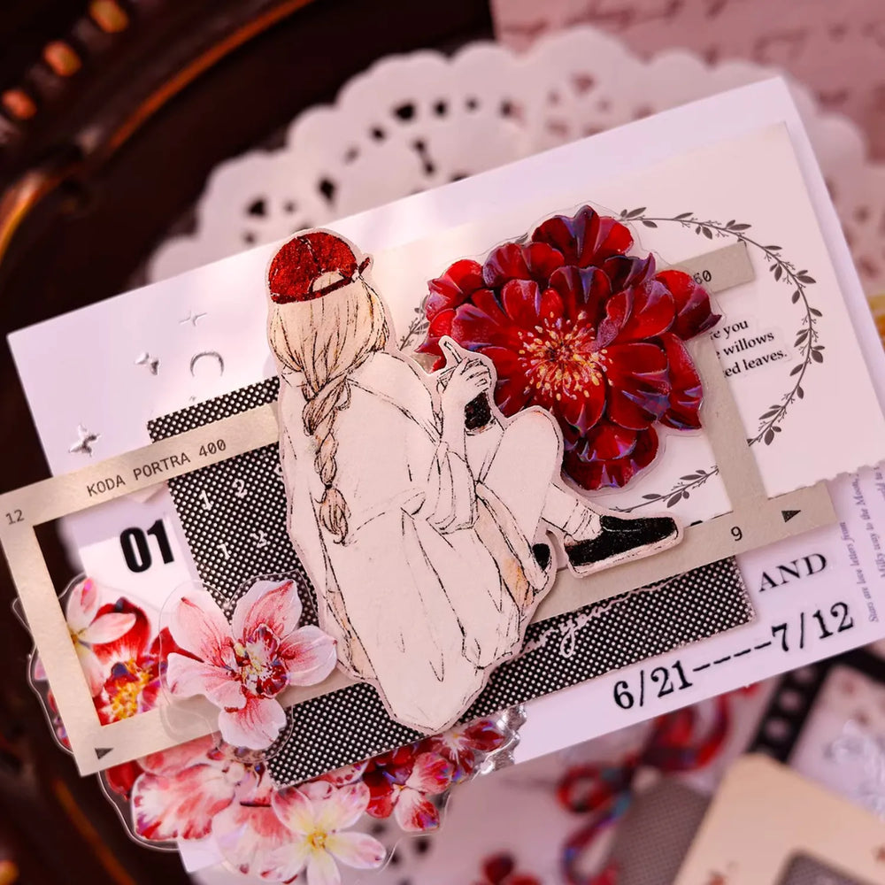 Ruban washi et PET découpé à motifs floraux rouges