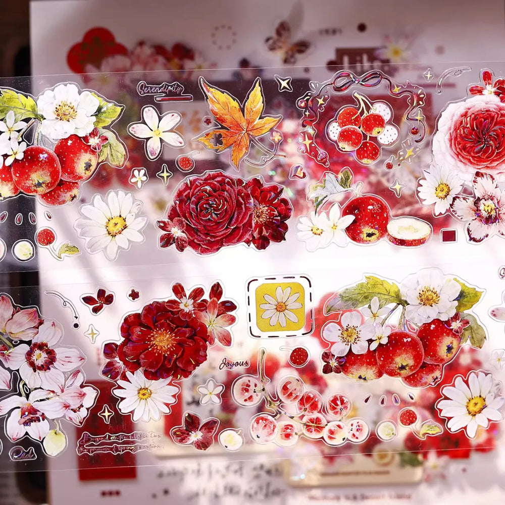 Ruban washi et PET découpé à motifs floraux rouges