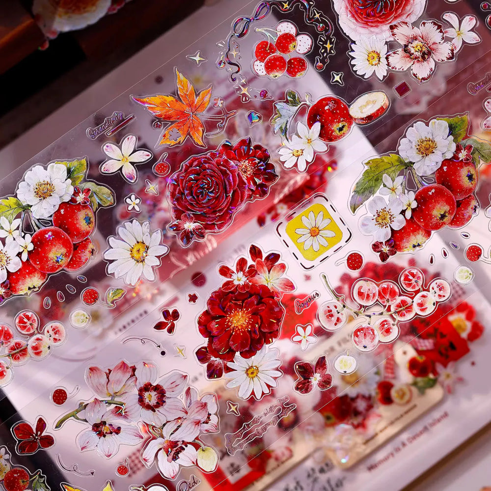 Ruban washi et PET découpé à motifs floraux rouges