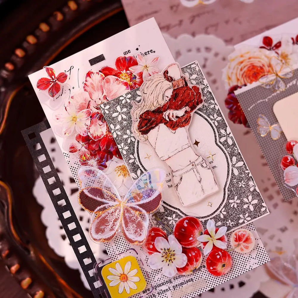 Ruban washi et PET découpé à motifs floraux rouges