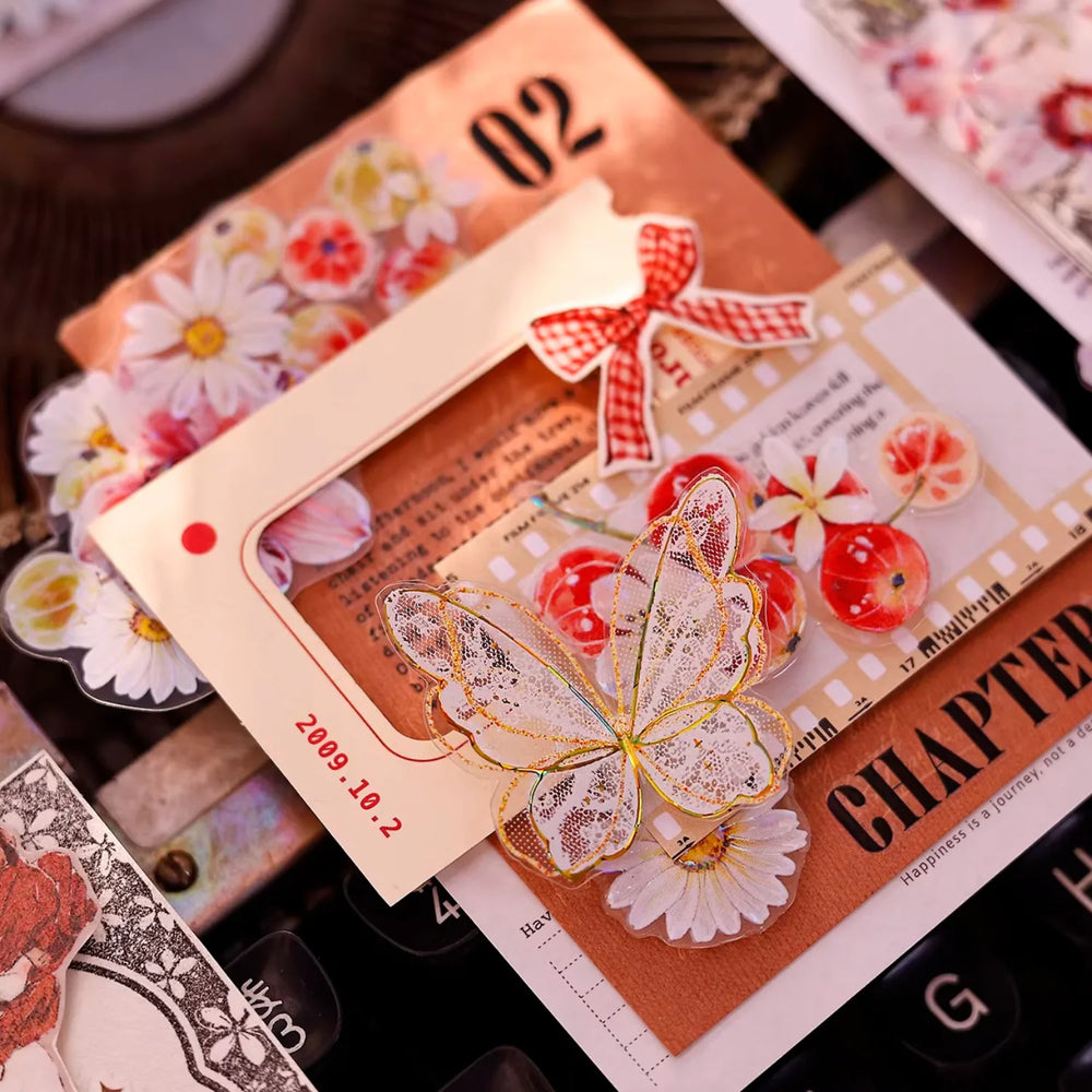 Ruban washi et PET découpé à motifs floraux rouges