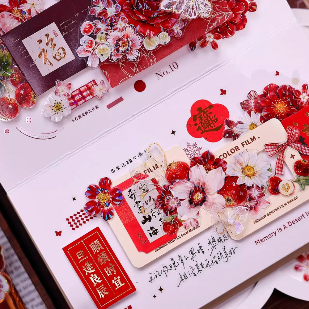 Ruban washi et PET découpé à motifs floraux rouges