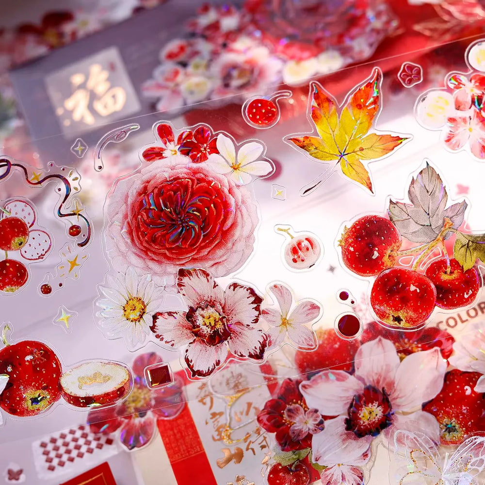 Ruban washi et PET découpé à motifs floraux rouges