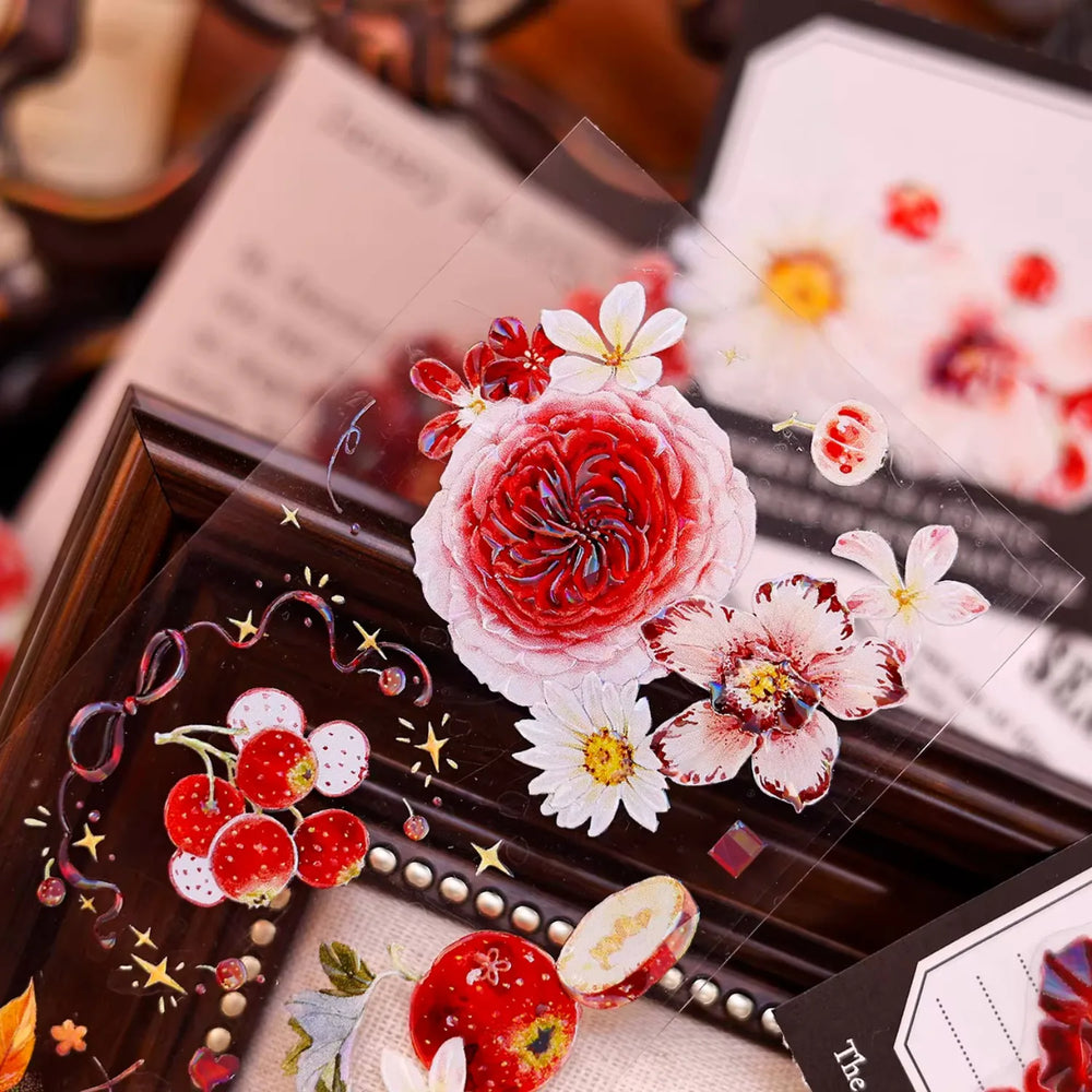 Ruban washi et PET découpé à motifs floraux rouges