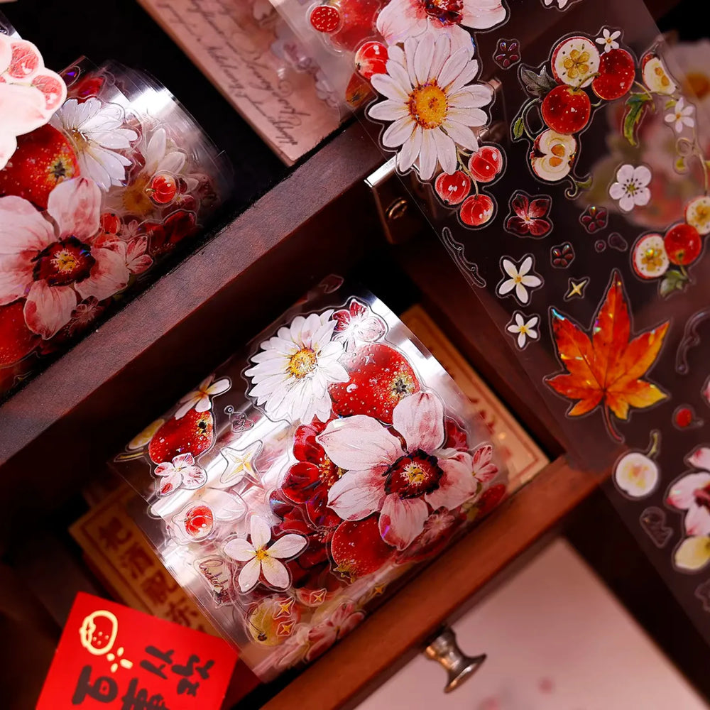 Ruban washi et PET découpé à motifs floraux rouges