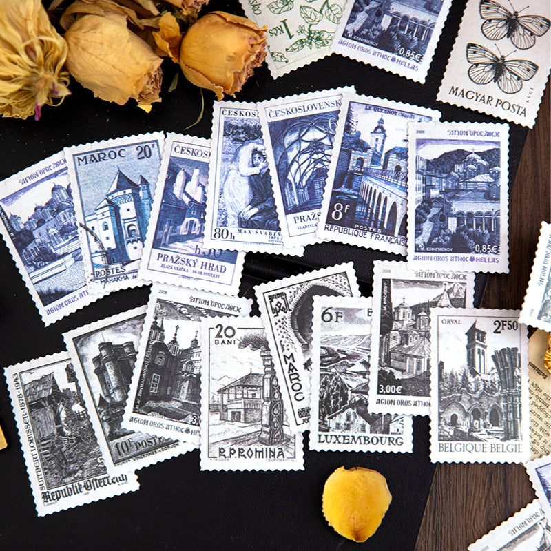 Retro Building Plant Vintage Stamp Stickers for Travel Journal