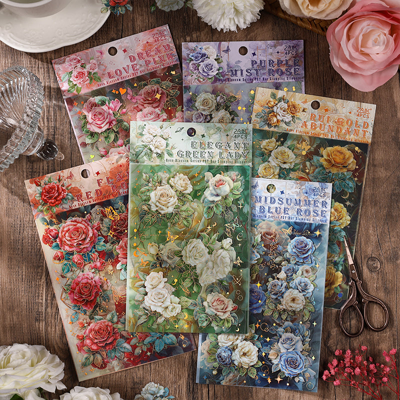 Rose Transparent PET Sticker Sheet – Floral Stickers with Gold Foil