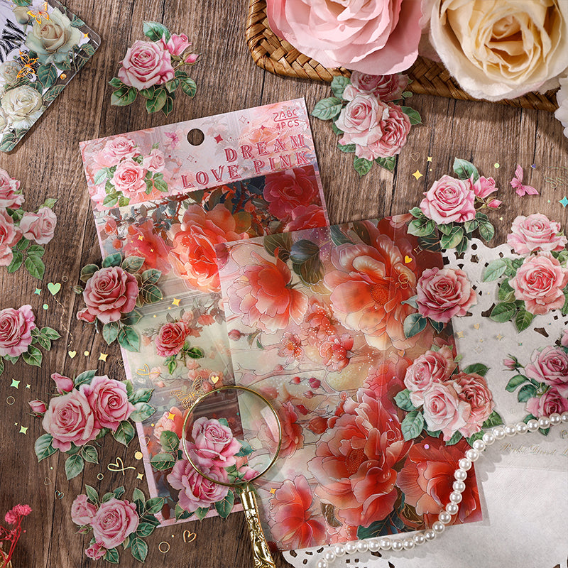 Rose Transparent PET Sticker Sheet – Blumenaufkleber mit Goldfolie
