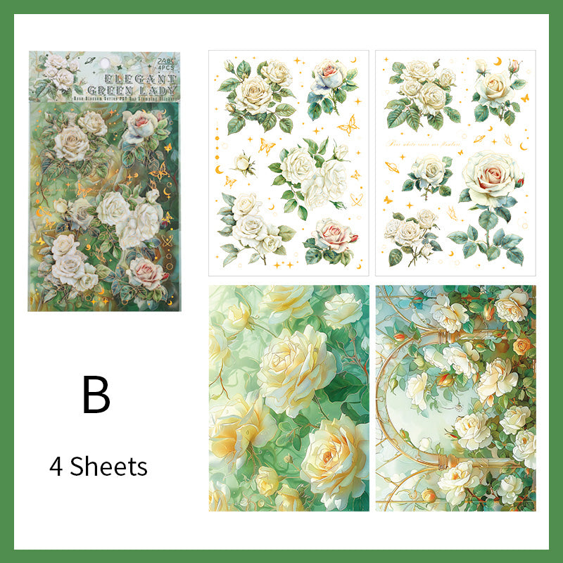 Rose Transparent PET Sticker Sheet – Floral Stickers with Gold Foil