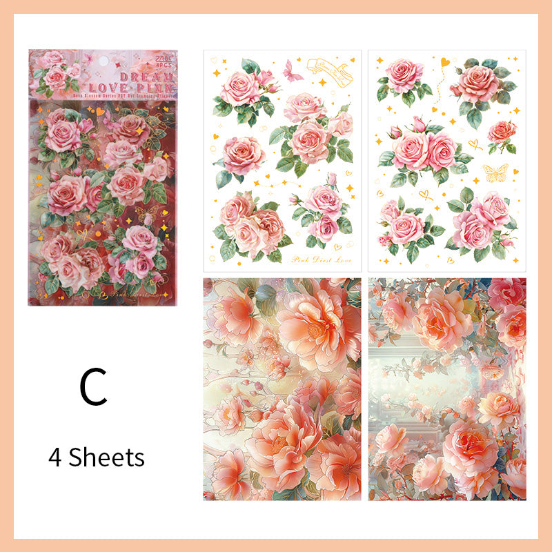 Feuille d'autocollants transparents en PET motif rose – Autocollants floraux avec feuille d'or