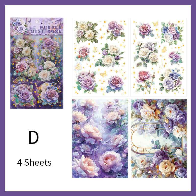 Rose Transparent PET Sticker Sheet – Floral Stickers with Gold Foil