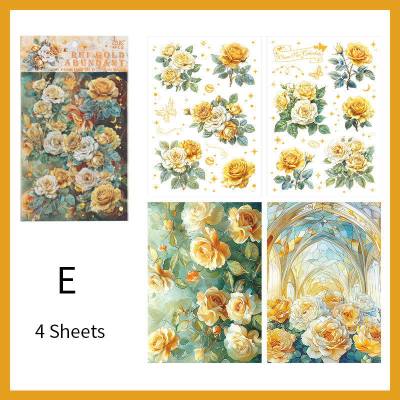 Rose Transparent PET Sticker Sheet – Floral Stickers with Gold Foil