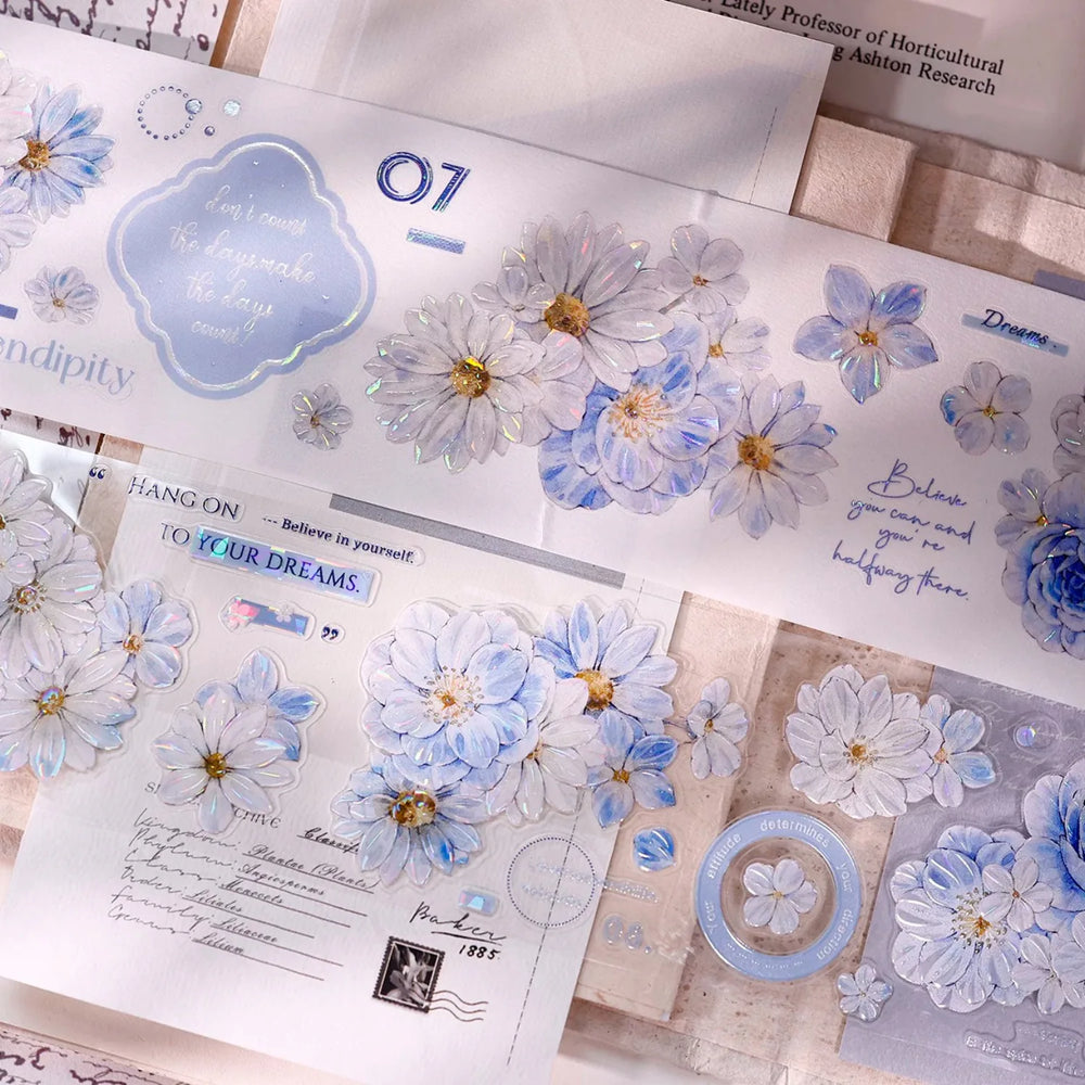 Soft Blue & White Floral Die-Cut Washi & PET Tape