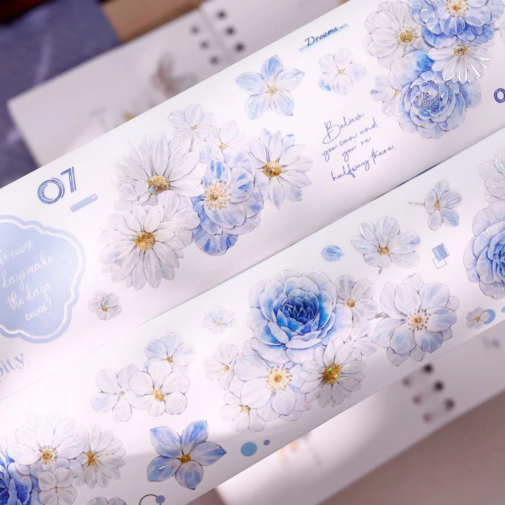 Soft Blue & White Floral Die-Cut Washi & PET Tape