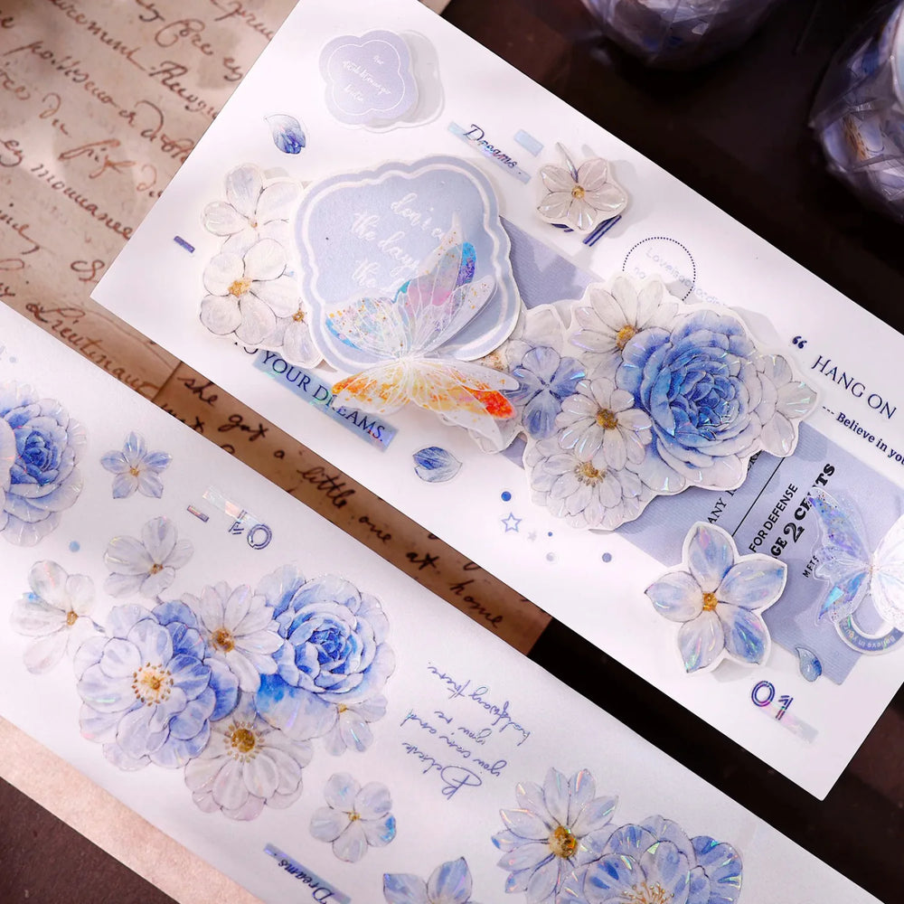 Soft Blue & White Floral Die-Cut Washi & PET Tape