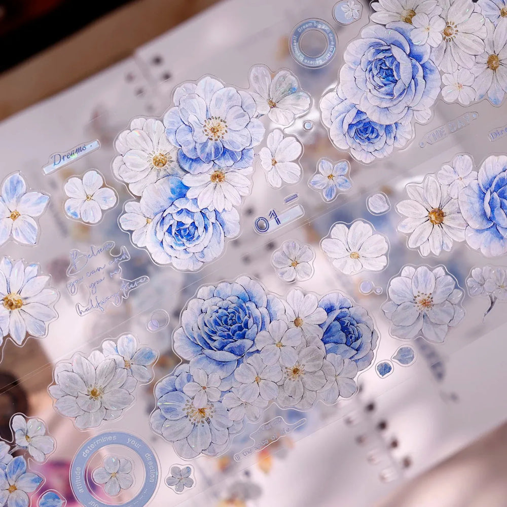 Soft Blue & White Floral Die-Cut Washi & PET Tape