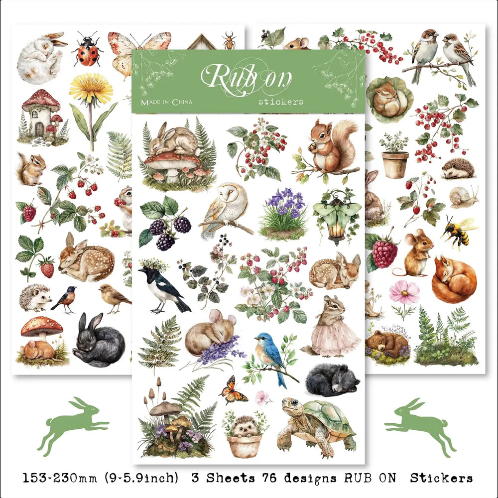 Spring Forest Animals Rub-On Stickers | Owl, Deer & Floral Transfers