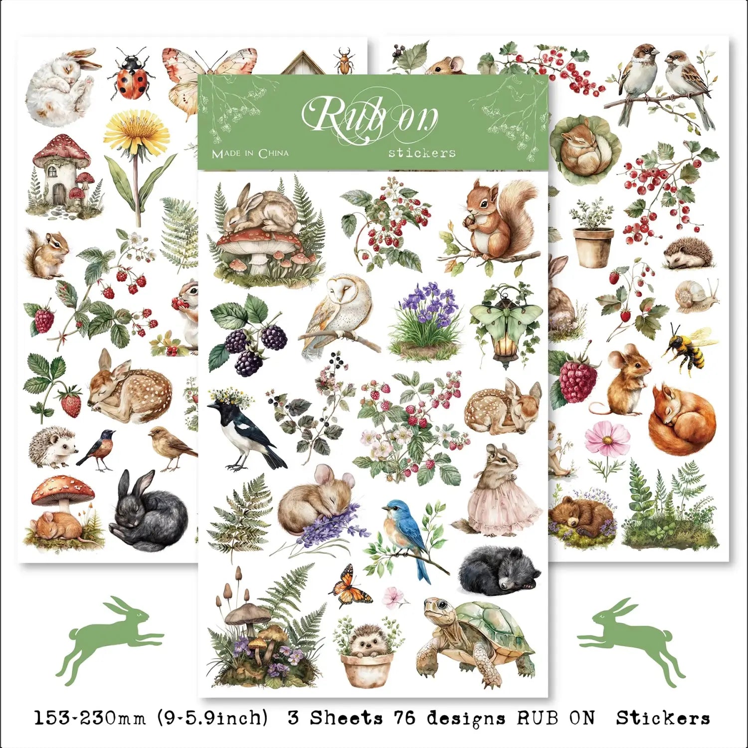 Spring Forest Animals Rub-On Stickers | Owl, Deer & Floral Transfers