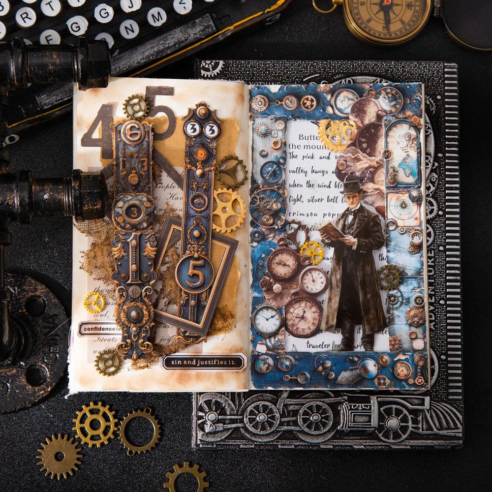 Steampunk Scrapbooking Paper Borders | Embossed Industrial Gear & Clock Frame Decor