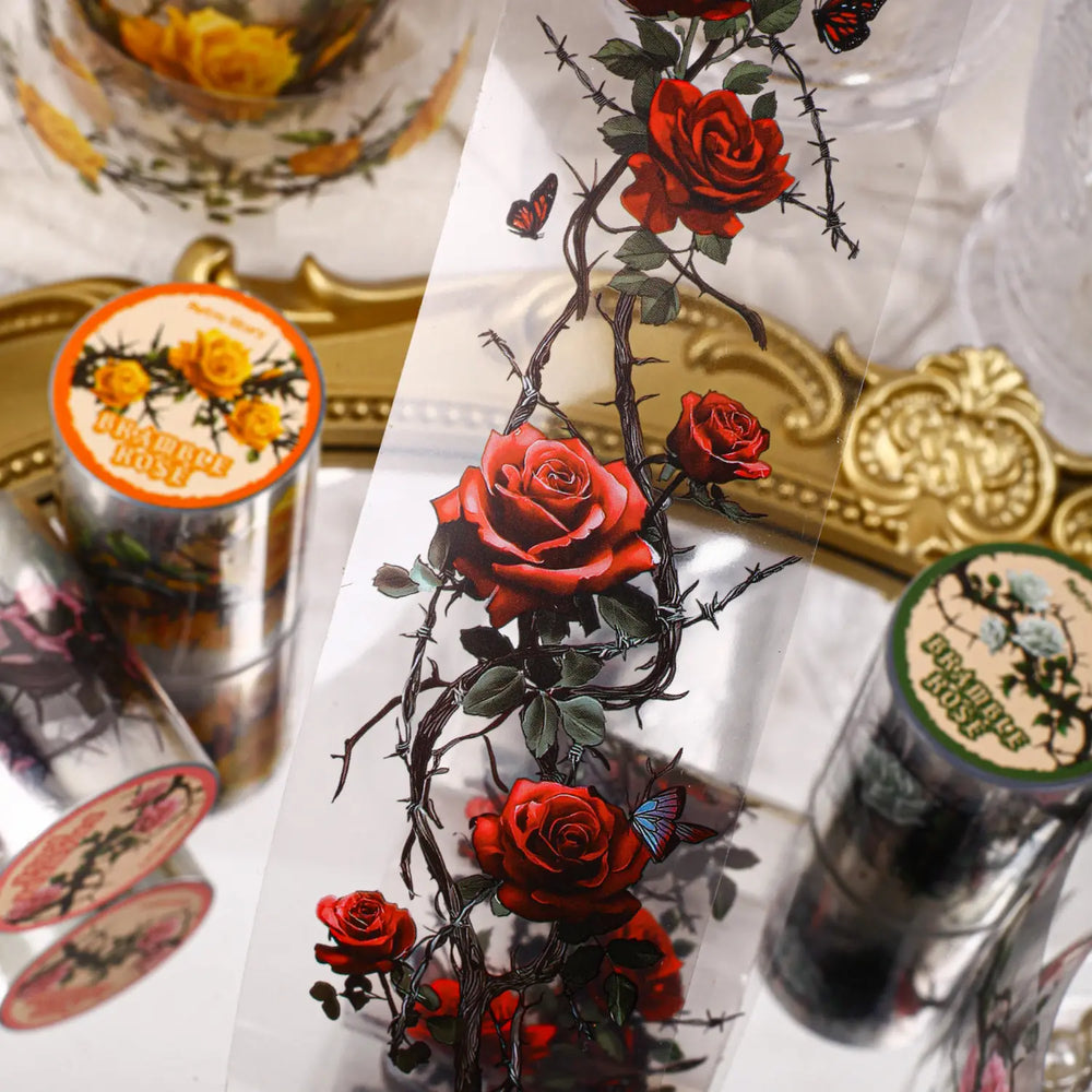 Thorned Rose PET Washi Tape | Gothic Vintage Rose Floral Journaling Tape
