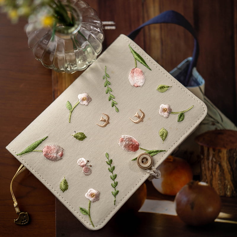 Fabric Notebook Retro Embroidery Journal | Tulip Cover Loose-Leaf & Thread-Bound | Vintage Fabric Journal