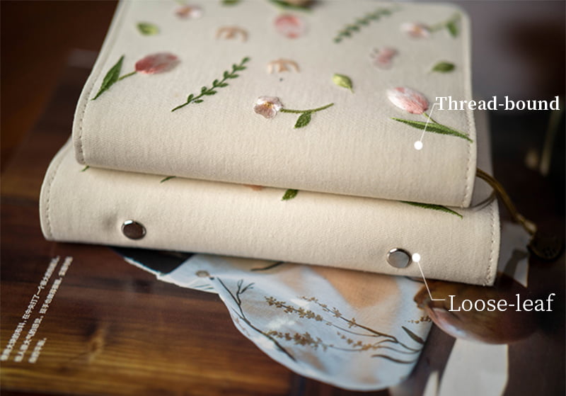 Carnet en tissu, journal brodé rétro | Couverture tulipe, feuilles mobiles et reliure à fil | Journal en tissu vintage
