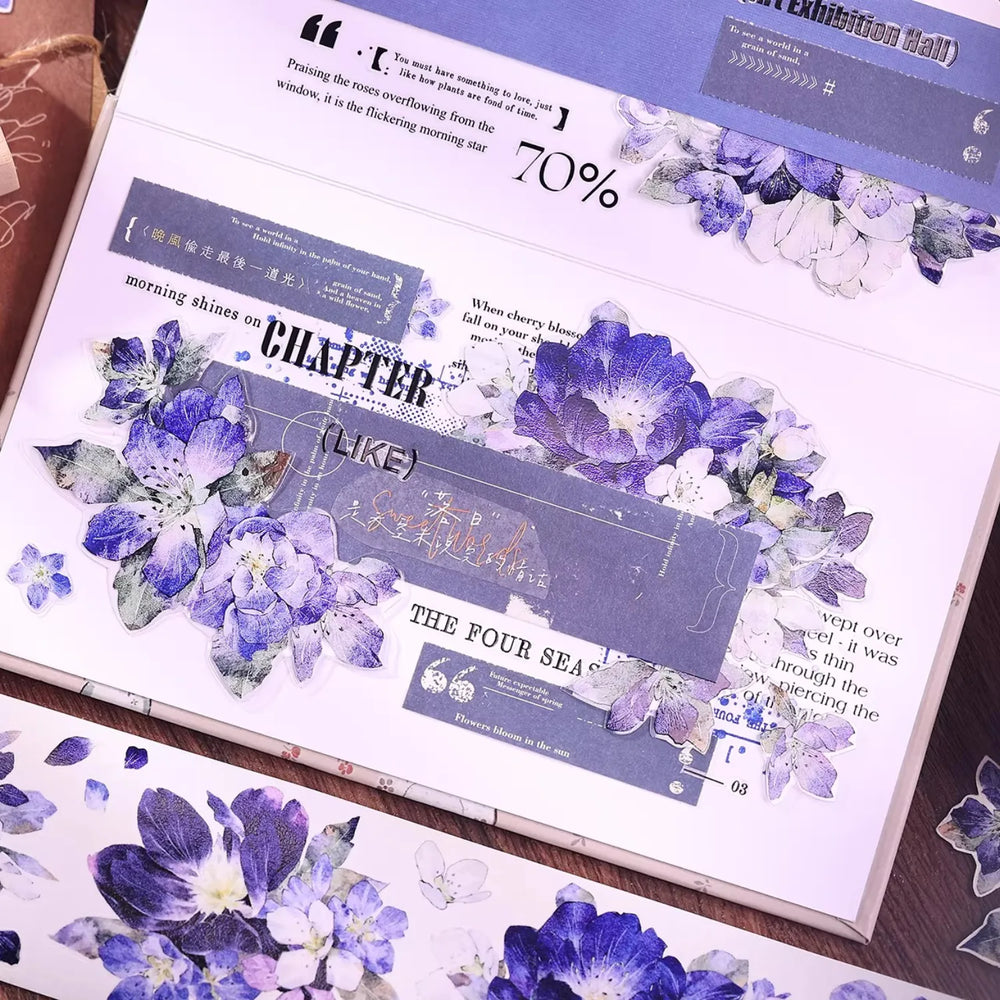 Ruban Washi / PET Découpé Motif Floral Vintage Bleu et Violet