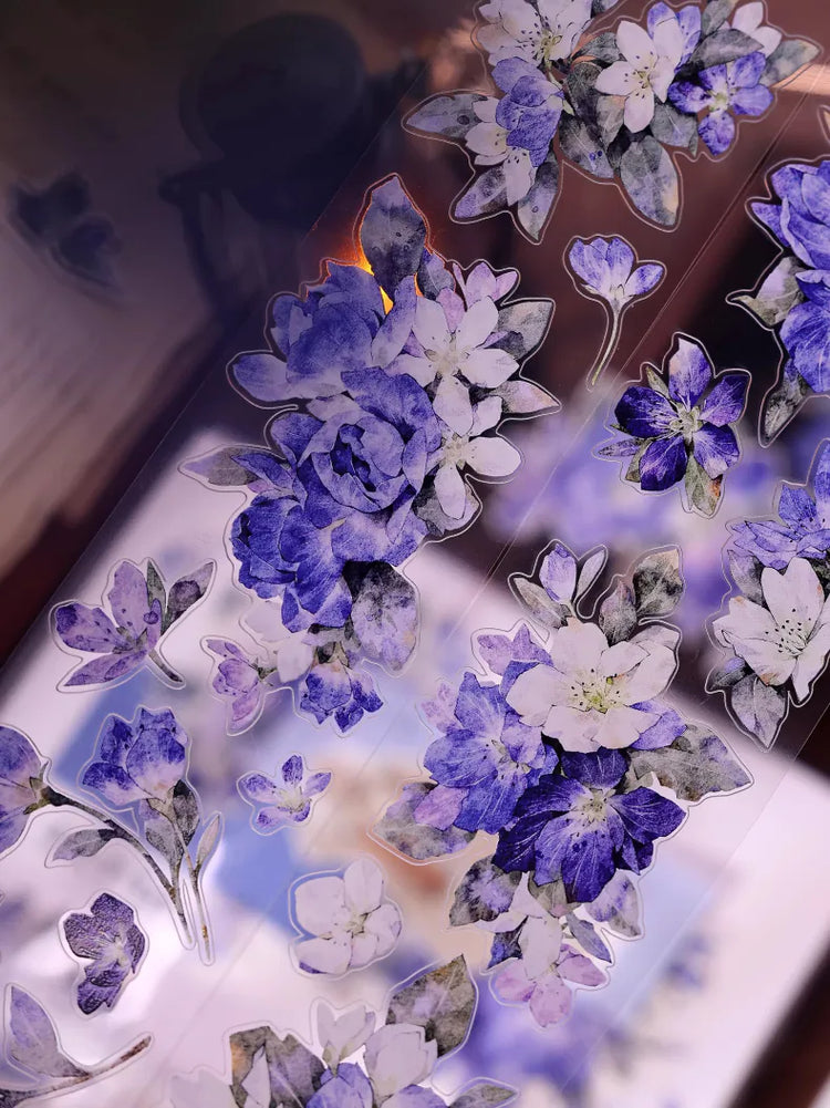 Vintage Blue Purple Floral Die-Cut Washi Tape / PET Tape