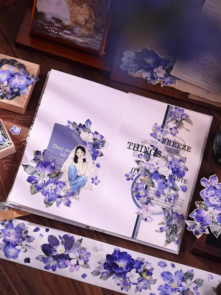 Vintage Blue Purple Floral Die-Cut Washi Tape / PET Tape
