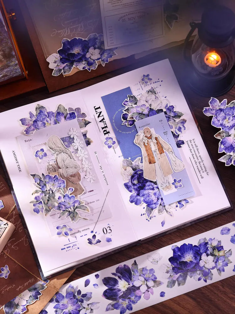 Vintage Blue Purple Floral Die-Cut Washi Tape / PET Tape