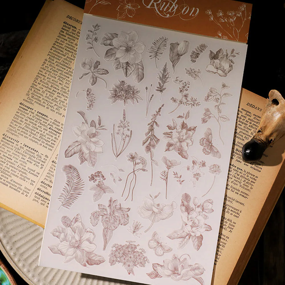Vintage Botanische Line Art Rub-on Sticker