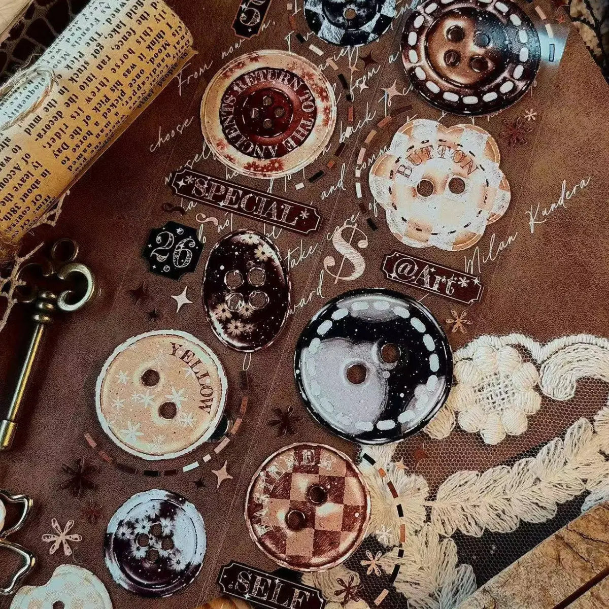 Ruban adhésif décoratif vintage en PET à motifs de boutons | Ruban décoratif mignon et délicat