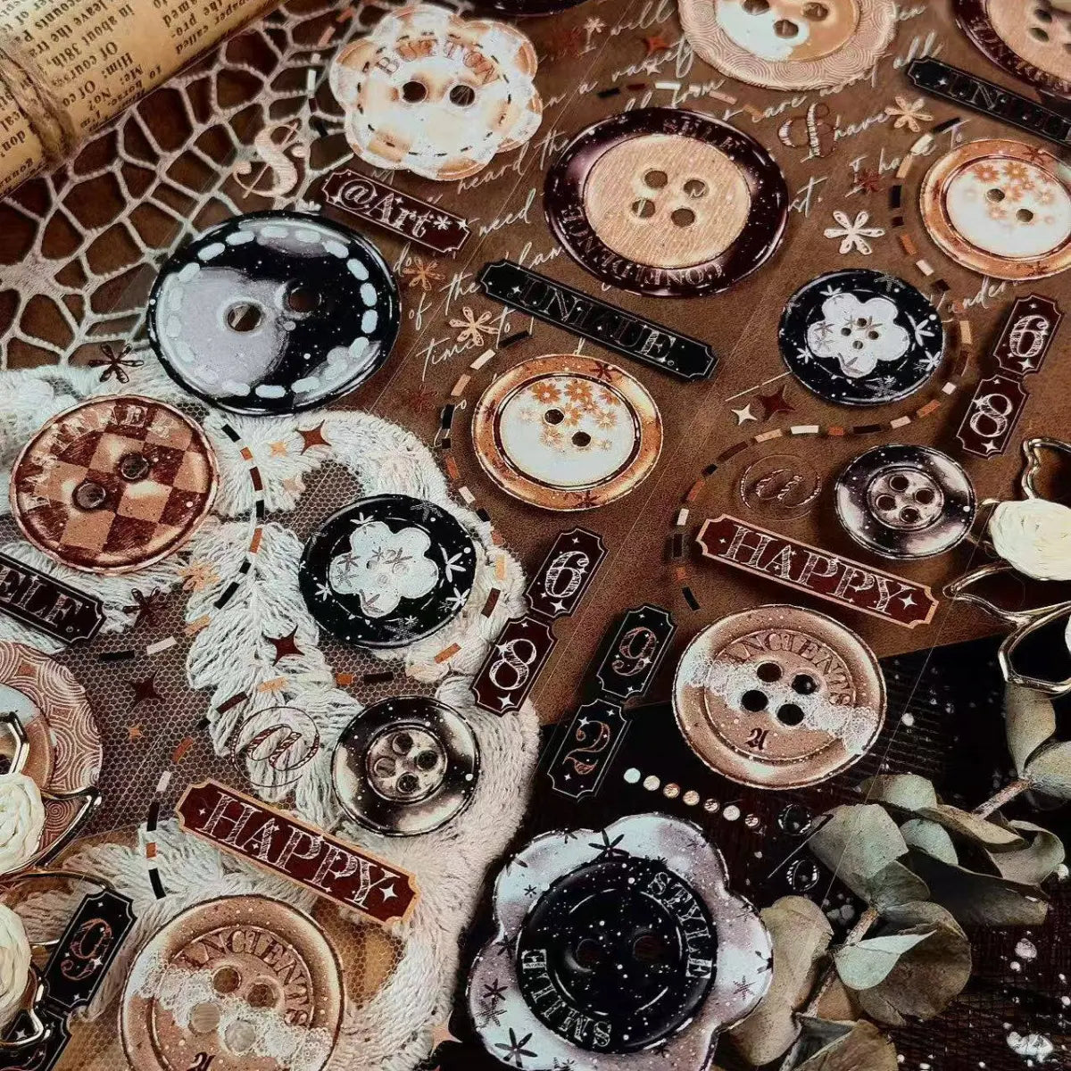 Ruban adhésif décoratif vintage en PET à motifs de boutons | Ruban décoratif mignon et délicat