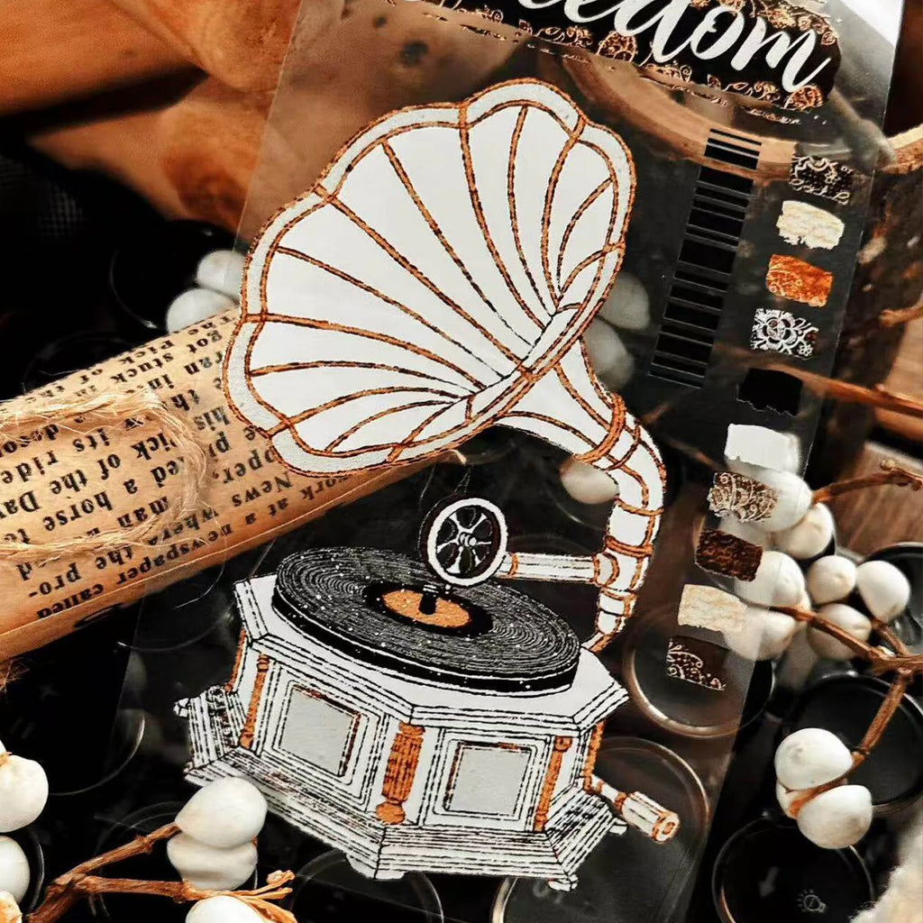 Ruban adhésif décoratif PET Washi pour appareil photo et gramophone vintage | Éphémères pour journal intime rétro