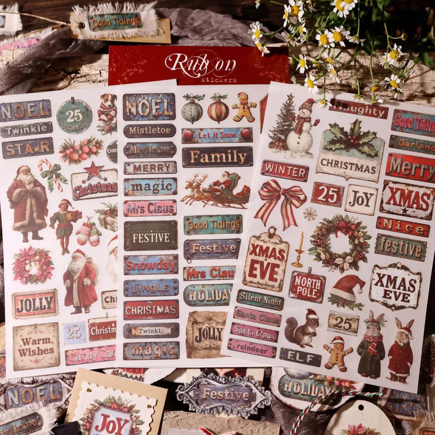 Vintage Weihnachtsaufkleber zum Abreiben – Retro-Feiertagssticker für Journaling & DIY-Bastelarbeiten