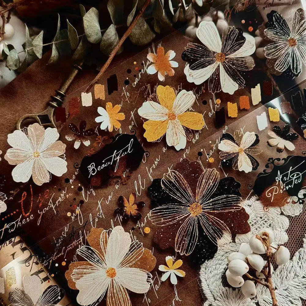 Vintage Floral PET Washi Tape | Retro Hand-Drawn Flower Decorative Tap ...