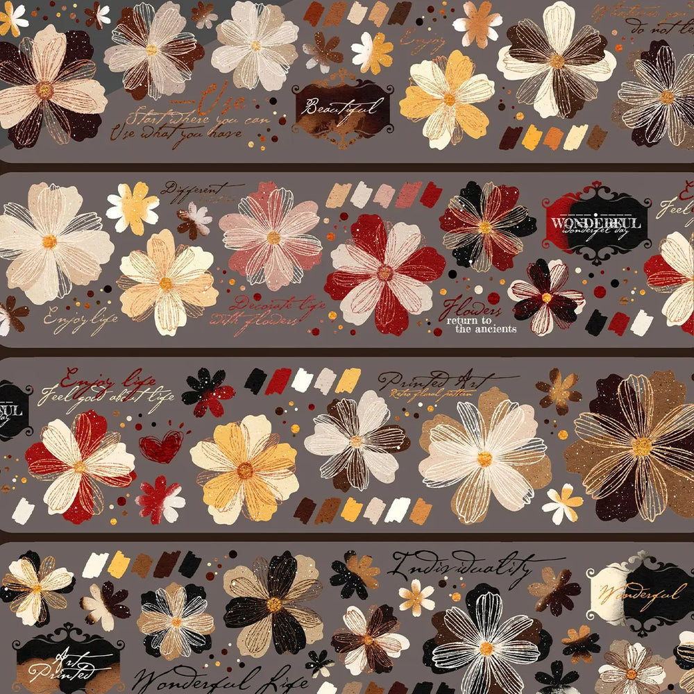 Vintage Floral PET Washi Tape | Retro Hand-Drawn Flower Decorative Tap ...