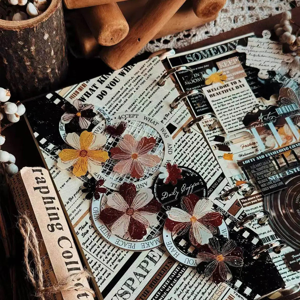 Ruban adhésif décoratif vintage en PET à motifs floraux | Ruban adhésif décoratif rétro à fleurs dessinées à la main