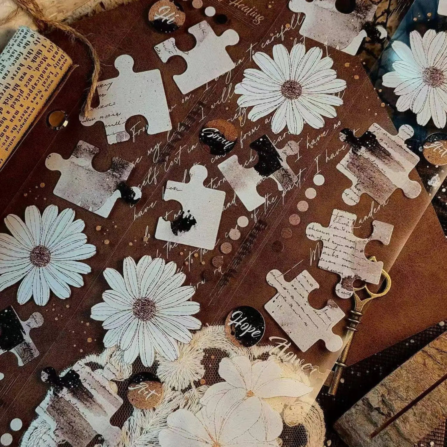 Vintage Floral Puzzle PET Washi Tape | Botanical Ephemera Journaling Tape