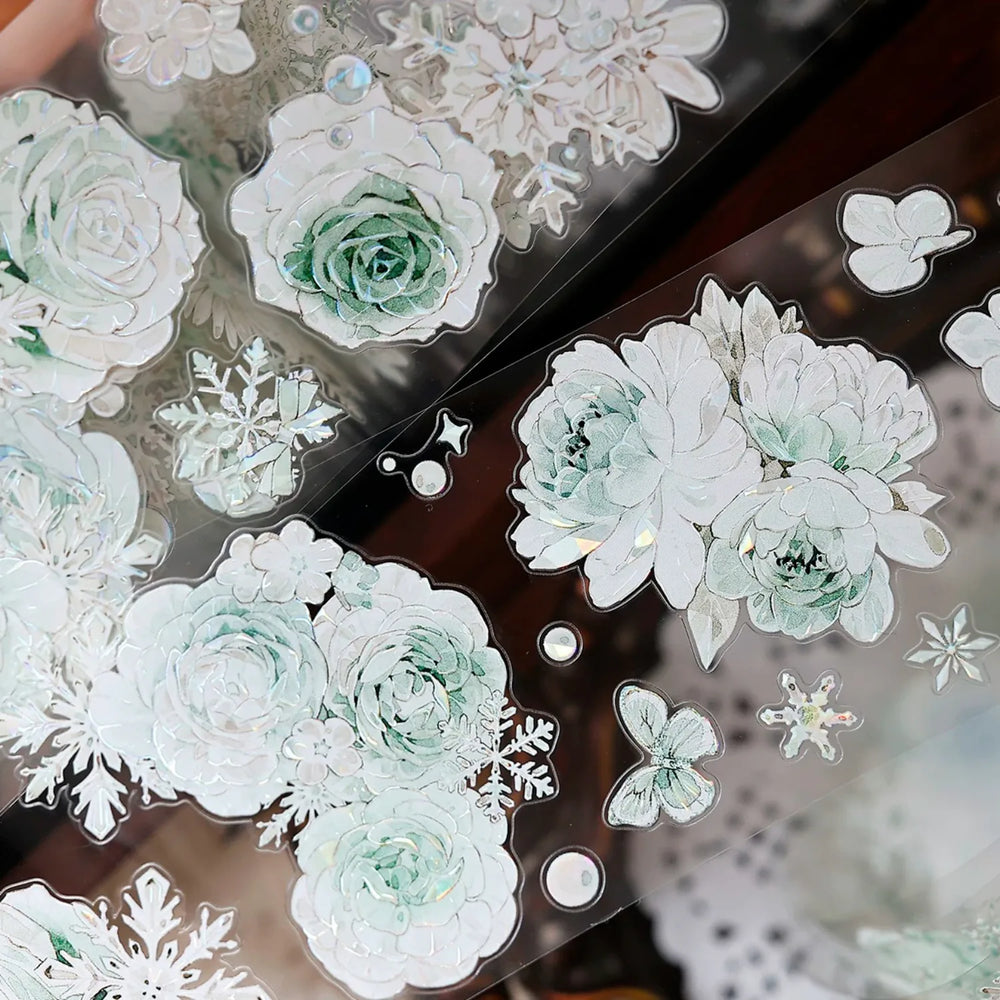 Vintage Floral & Snowflake Die-Cut PET Tape – Icy Mint