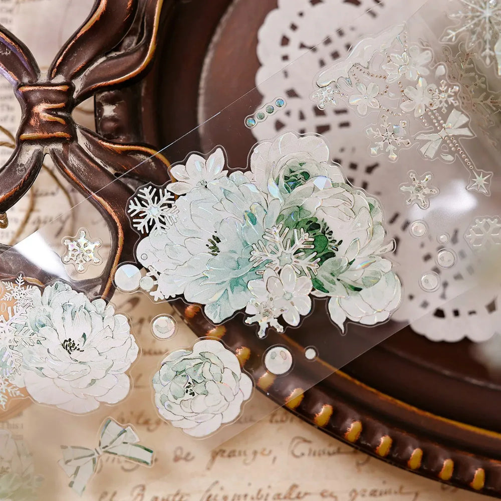 Vintage Floral & Snowflake Die-Cut PET Tape – Icy Mint