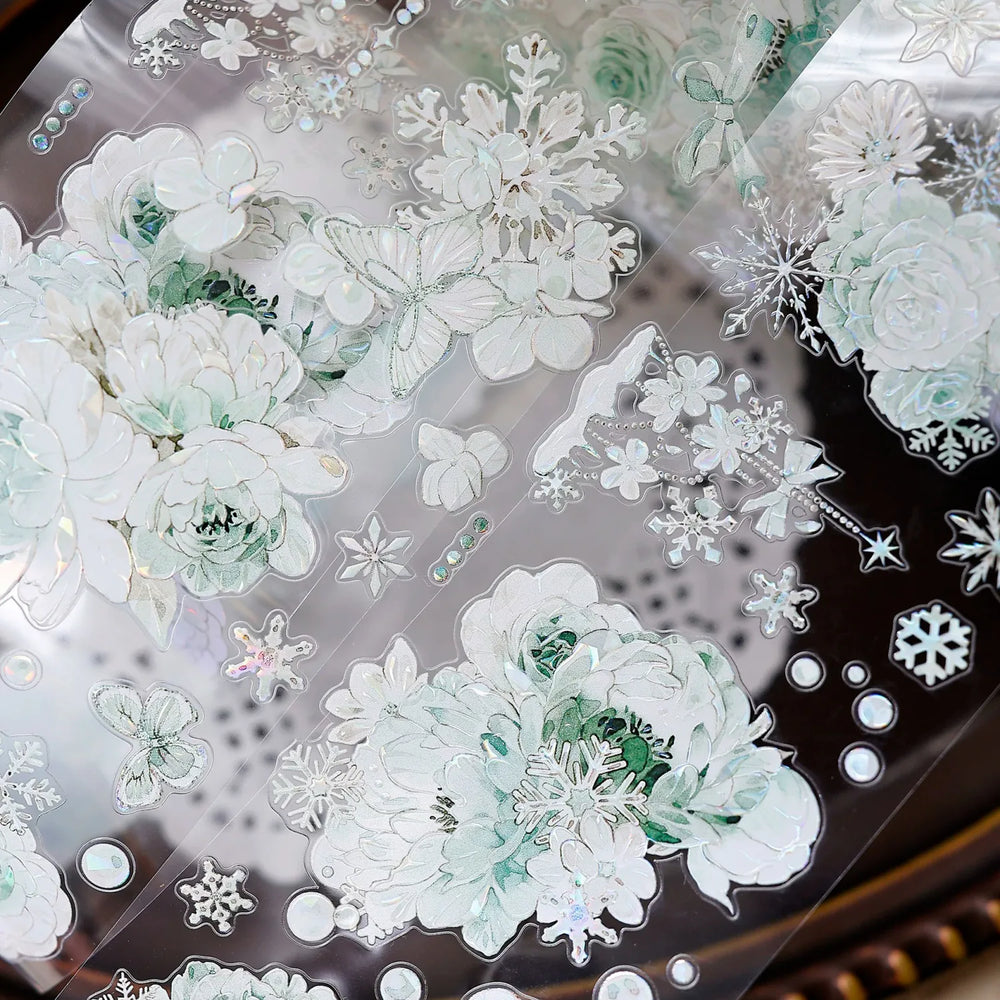 Vintage Floral & Snowflake Die-Cut PET Tape – Icy Mint
