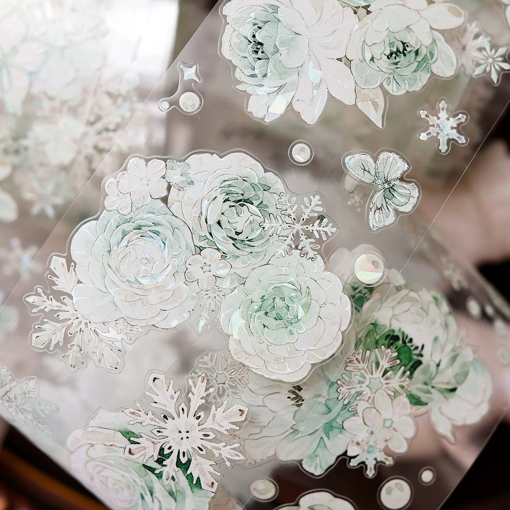 Vintage Floral & Snowflake Die-Cut PET Tape – Icy Mint