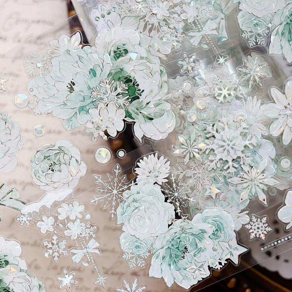 Vintage Floral & Snowflake Die-Cut PET Tape – Icy Mint