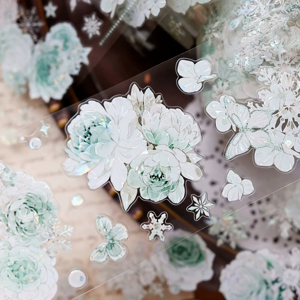 Vintage Floral & Snowflake Die-Cut PET Tape – Icy Mint