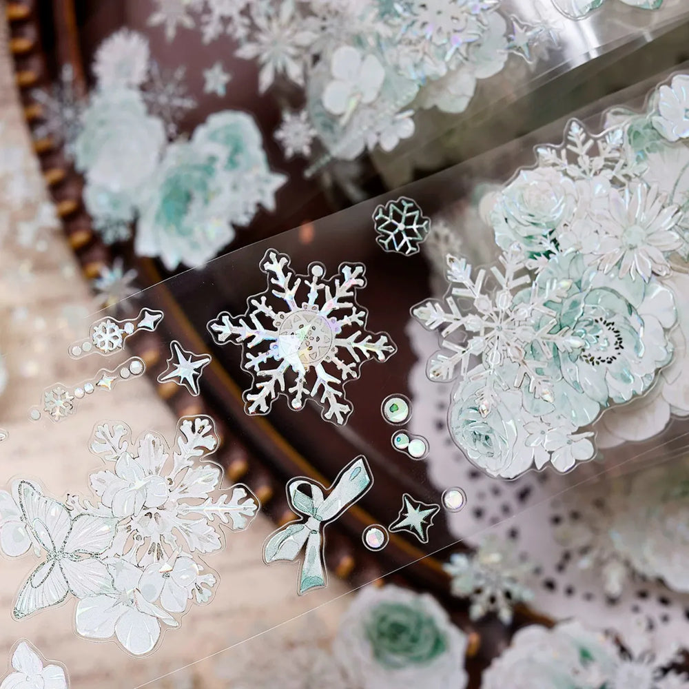 Vintage Floral & Snowflake Die-Cut PET Tape – Icy Mint