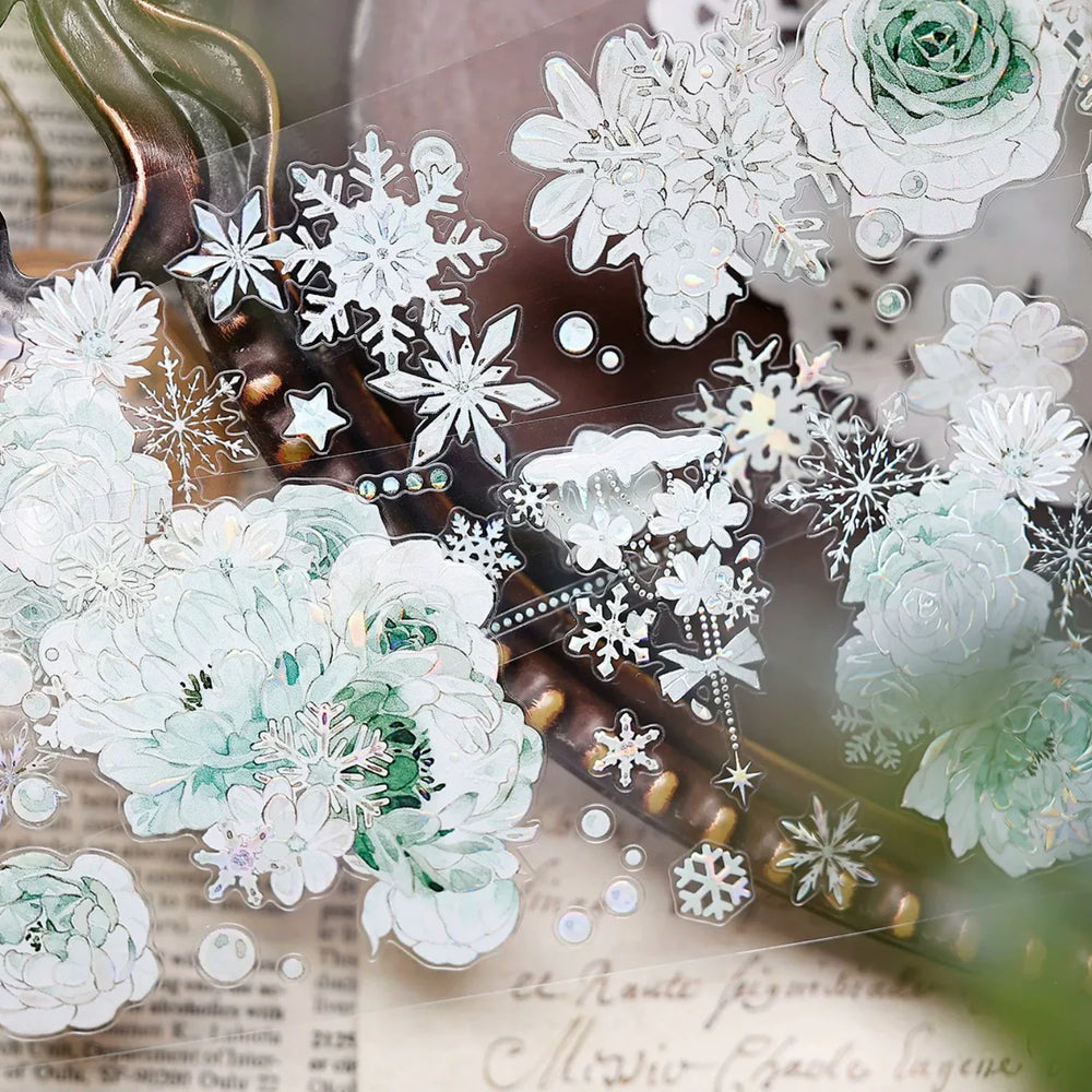 Vintage Floral & Snowflake Die-Cut PET Tape – Icy Mint