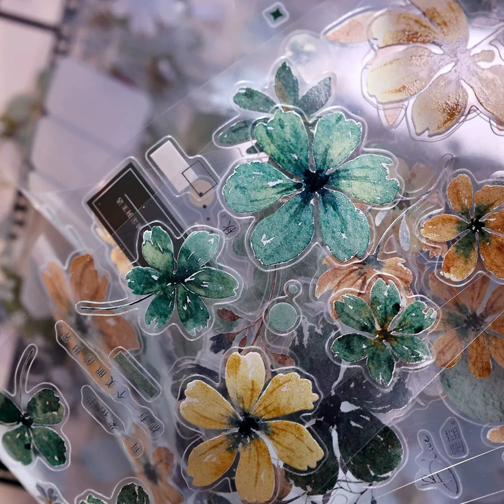 Vintage Green Floral Washi Tape PET Tape for Journaling